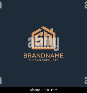 Initial Letter SM Logo mit schlichter minimalistischer Vektorgrafik im Home Shape Design Stock Vektor