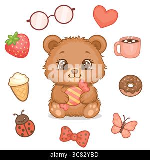 Niedlicher flauschiger Cartoon-Braunbär, der eine Süßigkeit hält, umgeben von süßen und verspielten Elementen wie Donut, Erdbeere, Bogen, Herz, Marienkäfer, Butterf Stock Vektor