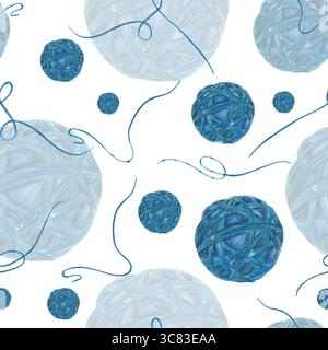 Nahtloses Muster mit blauen Fadenkugeln. Handgezeichnet, Zeichentrickfilm, Zeichnung. Design für Druck, Aufkleber, Poster, Scrapbooking. Hobby, Stricken, Nähen Stockfoto