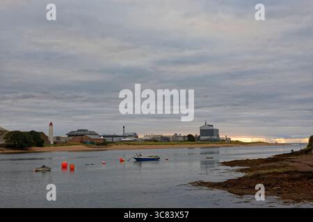 Die Hafengebäude und der Strand am Hafen von Montrose in der Nähe von Ferryden an einem Sommermorgen mit niedrigen Wolkenschichten bei Dawn. Stockfoto