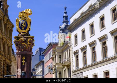 Marktbrunnen mit goldenem Nassauer Löwen, Wappen von Nassau, vor dem Hessischen landtag, Marktplatz, Wiesbaden, Hessen, Deutschland Stockfoto