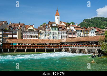 Holzbrücke obere Schleuse, Thun, Kanton Bern, Schweiz Stockfoto