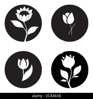 Moderne, minimalistische Kollektion mit Blumensymbolen und weißen Silhouetten in Rosen- und Sonnenblumenweiß in schwarzen Kreisen für kreatives botanisches Logo-Design Stock Vektor