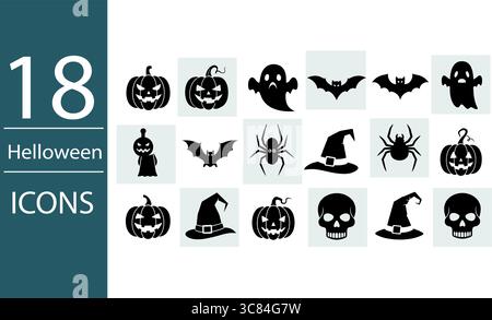 Gruselige Halloween-Ikonen mit Kürbissen, Geistern, Fledermäusen, Spinnen, Schädeln, und Hexenhüte, die perfekt für Dekorationen sind. Stock Vektor