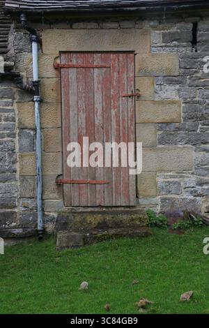 Verwitterte rote Holztür mit abblätternder Farbe und Metallverstärkungen, in einer rustikalen Steinmauer mit einem Ablaufrohr und grasbewachsenem Vorderboden. Stockfoto
