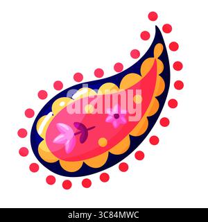 Farbenfrohes Paisley-Motiv in tiefen Blau-, Rosa- und Gelbtönen mit floralen Akzenten und einem gepunkteten roten Rand. Kombiniert verspielten Charme mit traditionellem Stil Stock Vektor