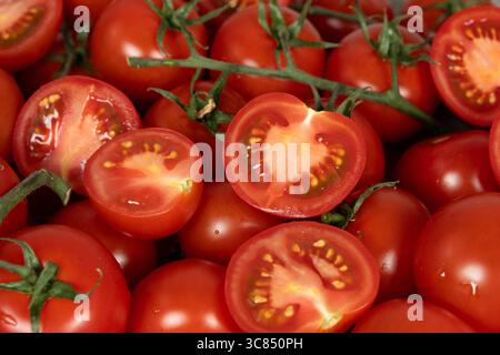 Saftige Tomaten ganz und halbiert Stockfoto