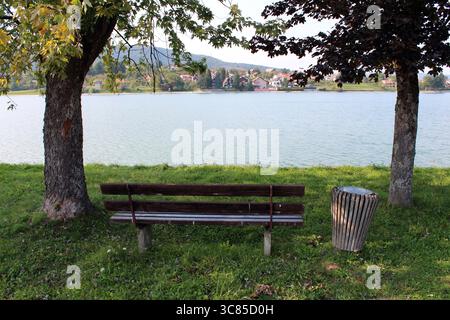 Rustikale dunkle Holzbank sitzt unter großen Ahornbäumen (Acer) und Kirschbäumen (Prunus), neben einem geschwungenen Abfalleimer, mit Blick auf den ruhigen See und das entfernte Dorf Stockfoto