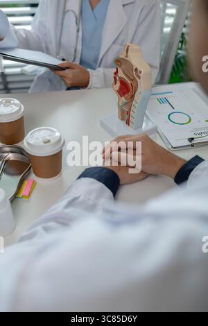 Zwei HNO-Spezialisten diskutieren die am besten geeignete Behandlung für einen Patienten, die beiden Ärzte tauschen ihre Meinung zur HNO-Behandlung, Anato, aus Stockfoto