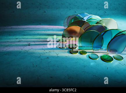 3D-Rendering der Anordnung von transparenten Glasscheiben und Lichtbögen, die bunte Schatten auf eine gerissene Marmoroberfläche werfen Stockfoto