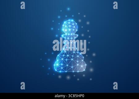 Futuristische polygonale digitale Schachfigur, die mit blauem Licht leuchtet, abstrakte, niedrige Polynetzform auf dunklem Hintergrund Stock Vektor