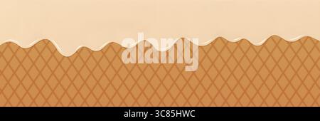 3D wellige Creme tropft über einem Hintergrund mit Waffelmuster und erinnert an Süße und eine Dessertatmosphäre. Cremiges Eis in Waffelkegel schmelzen. 3D-Vektor-Hintergrund Stock Vektor
