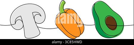 Frischer Pilz, Paprika, Avocado, einzeilige, fortlaufende Zeichnung. Frisches Bio-Gemüse. Vektorabbildung Stock Vektor