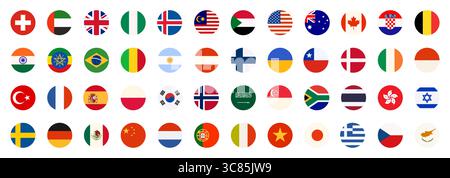 Weltflagge Set, runde Knöpfe, globale Kollektion mit verschiedenen nationalen Flaggenabzeichen für Europa und Afrika, Amerika und Asien. Vereinigte Arabische Emirate und Nigeria, Belgien Karikaturvektor Illustration Stock Vektor