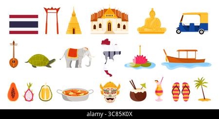 Reisen Sie nach Thailand, Kultur und traditionelle Architektur Wahrzeichen, Festivalelemente und kulinarische Sets. Thailändische Dämonenmaske und Bangkok Palast, alte Pagode und Tempel, Dura Cartoon Vektor Illustration Stock Vektor