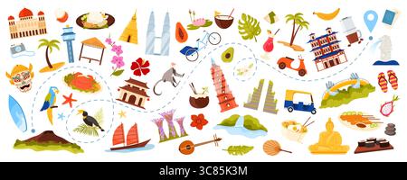 Reisen Sie nach Südostasien, asiatische Kulturelemente, Essen und Architektur, Naturdenkmäler auf der Route des touristischen Abenteuers. Buddha-Statue und rafflesia, Tuk Tuk und Tempel-Cartoon-Vektor-Illustration Stock Vektor