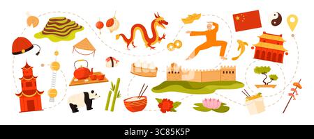 Reisen Sie nach China, orientalische Kulturelemente, Speisen und Wahrzeichen auf der Route des chinesischen Abenteuers. Große Mauer und Tempel des Himmels, Goldbarren und Dim Sum Klöße Cartoon Vektor Illustration Stock Vektor