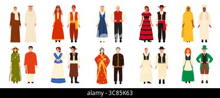 Mann und Frau in ethnischer Tracht verschiedener Länder der Welt. Menschen tragen Volkstracht in der Tradition Saudi-Arabiens und Albaniens, Schwedens und Spaniens, China-Karikaturvektor-Illustration Stock Vektor