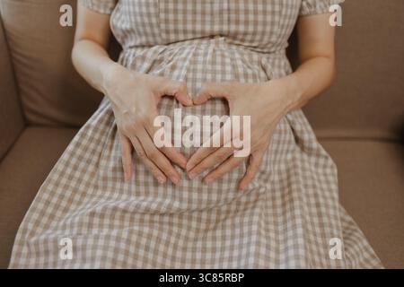 Eine schwangere Mutter entspannt sich auf einem Sofa in ihrem eigenen Haus, die Schwangerschaft einer Frau, die Familie, eine Frau war sehr glücklich, weil sie schwanger war und bald g Stockfoto