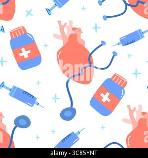 Nahtloses Herzgesundheitsmuster mit anatomischem Herz, Stethoskop, Arzneimittelflasche und Spritze. Farbenfroher medizinischer Hintergrund, der die Kardiologie symbolisiert Stock Vektor