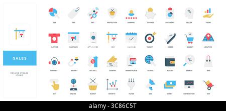 Bunte flache Verkaufs-Symbole, darunter Shopping, Analytics, Finanzen, Marketing und E-Commerce-Konzepte für Unternehmen und digitalen Handel isolierte Vektorillustration Stock Vektor