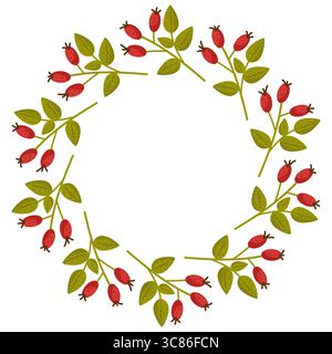 Runder Rahmen mit Blättern und roten Beeren. Die Pflanzen sind in einem Kreis angeordnet. Gestaltung von Postkarten, Einladungen, Feiertagen Stock Vektor