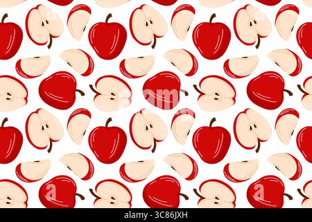 Nahtloses Muster mit roter Apfelscheibe in flacher Form auf weißem Hintergrund. Perfekt für Küchen- oder Bettwäsche Textil und Herbsternte Design. Stock Vektor