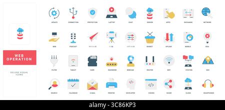 Flache Symbole für den Webbetrieb enthalten Technologie-, Kommunikations-, Sicherheits- und Netzwerkelemente für digitale Plattformen, moderne Schnittstellen und Online-Tools isolierte Vektorillustration Stock Vektor