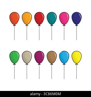 Set aus flachen bunten Ballons im Zeichentrickstil, fliegender Ballon mit Seil isoliert auf weißem Hintergrund Stock Vektor