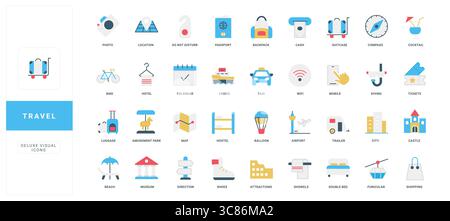 Moderne flache Reisesymbole mit Gepäck, Transport, Unterkunft, Aktivitäten und Essentials für Tourismus, Urlaub und Abenteuer Konzepte isolierte Vektorillustration Stock Vektor