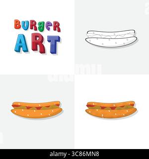 Hamburger Kunstskizze, Malseite, flache und realistische Burger Fast Food Illustration für Kinder Stock Vektor