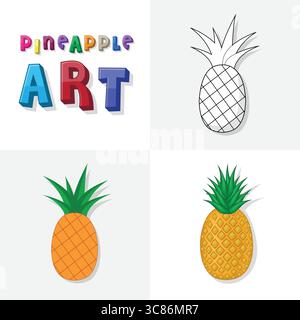 Ananas Kunstskizze, Malseite, flache und realistische Ananasfrucht Illustration für Kinder Stock Vektor