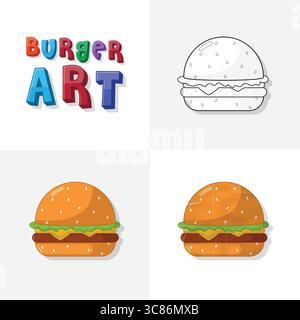 Hamburger Kunstskizze, Malseite, flache und realistische Burger Fast Food Illustration für Kinder Stock Vektor
