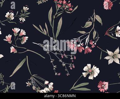 Das nahtlose Blumenmuster zeigt zarte Blumen und Blätter auf dunklem Hintergrund Stockfoto