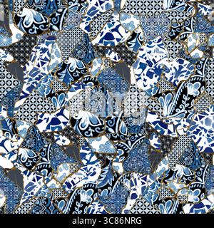 Ein Mosaikmuster aus blauen und weißen Fliesen erzeugt einen dekorativen, strukturierten Hintergrund Stockfoto