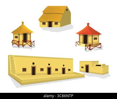 Dorf Cottages Tag und Nacht, afrikanischer Stil traditionelle Haus Sammlung, Bungalow mit Strohdach Vektor Illustration Stock Vektor