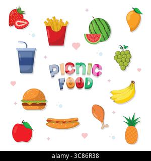 Set aus Fast Food Hamburger Dinner und Restaurant, farbenfrohe Fast Food Text, Aufkleber, ungesunde Fast Food Ernährung in flachem Stil Stock Vektor