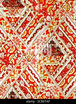 Das nahtlose Muster zeigt geometrische und florale Designs in Rot-, Orange- und Weißtönen Stockfoto