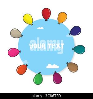 Ihr Textabzeichen mit flachen bunten Ballons im Cartoon-Stil, fliegender Ballon mit Seil isoliert auf weißem Hintergrund Stock Vektor