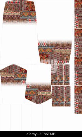 Teppichmuster sind auf weißem Hintergrund isoliert, wodurch ein einzigartiges Design entsteht Stockfoto