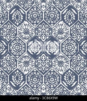 Ein nahtloses blau-weißes Blumenmuster schafft einen Vintage-Hintergrund Stockfoto