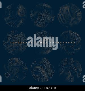 Farbenfrohe topografische Karten mit Konturlinien. Geografisches Geländeraster, Höhe des Reliefs. Massepfadmuster. Reise und Navigation Stock Vektor