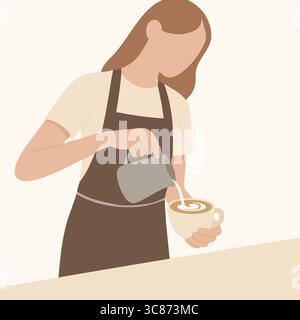 Flache Vektor-Illustration einer Frau, die Kaffee aus einem Topf in eine Tasse gießt. Stock Vektor