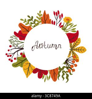 Farbenfrohe Herbstblätter und Beeren bilden einen leuchtenden kreisförmigen Rahmen um einen weißen Kreis mit dem Wort „Herbst“ innen, perfekt für saisonale d Stock Vektor
