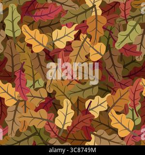 Bunte Eichenblätter überlappen sich und schaffen ein nahtloses Muster, das perfekt für Herbstmotive geeignet ist und an die warmen und lebhaften Farben des Herbstes erinnert Stock Vektor