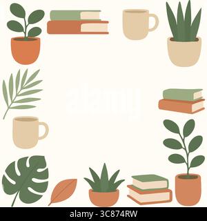 Ein quadratischer dekorativer Rand aus Kaffeetassen, Tassen, offenem Buch, Pflanztopf und Utensilien im flachen Vektorstil. Stock Vektor