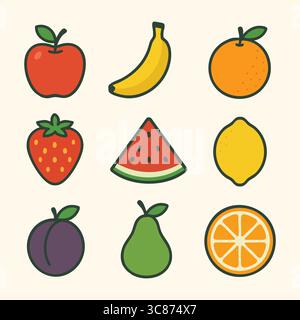 Eine flache Vektor-Illustration, die verschiedene Fruchtsymbole wie Erdbeere, Banane, Birne, Apfel, Orange, und Pflaume. Stock Vektor