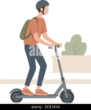 Eine flache Vektor-Illustration eines Mannes, der einen elektrischen Roller auf einem Bürgersteig fährt. Stock Vektor