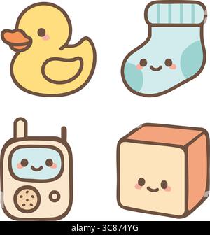 Eine flache Vektor-Illustration mit vier Babyspielzeugsymbolen: Eine gelbe Gummiente, eine blaue Babysocke, ein tragbares Babyphone und ein lächelnder Würfel. Stock Vektor
