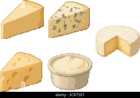 Ein flacher Vektorsatz aus vier Käsesorten: Ein dreieckiger Cheddar-Keil, eine Blaukäse-Scheibe, eine Schweizer Käsescheibe mit Löchern und ein rundes Käserad. Stock Vektor